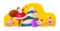 Vector flat Merry Christmas illustration with Santa Claus with gift bag, cute pig elf decorate New year fir tree, celebrate xmas h Royalty Free Stock Photo