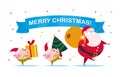 Vector flat Merry Christmas illustration of Santa Claus with gift bag, cute pig elf with decorated New year fir tree, xmas gift bo Royalty Free Stock Photo