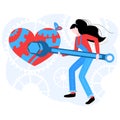 Vector flat modern illustration of a woman who repairs an abstract heart. Royalty Free Stock Photo