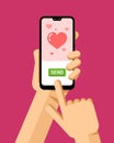 Hand holds the smartphone. Online greeting love card in mobile application. Flat vector modern phone mock-up illustration