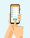 Hand holds the smartphone with online shop application. Flat vector modern phone mock-up illustration Royalty Free Stock Photo