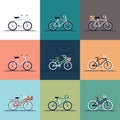 Vector flat modern urban, town and city bicycles set. Various different bicycles with wooden crates, baby seats, travel