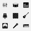 Vector flat monochrome music gear icons set, pattern ready