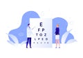 Vector flat oculist doctor illustration. Male optician optometry patient woman on white. Concept of eye ill diagnosis, checkup, Royalty Free Stock Photo