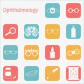 Vector flat optometry icon set with long shadow. Optician, ophthalmology, vision correction, eye test, eye care, eye