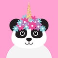 Vector flat panda with unicorn horn and flowers