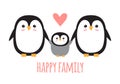 Vector flat penguin and happy family lettering