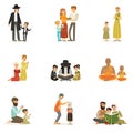 Vector flat people characters of different religions set. Jews, Catholics, Muslims, Buddhists. Families in national Royalty Free Stock Photo