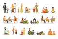 Vector flat people characters of different religions set. Jews, Catholics, Muslims, Buddhists. Families in national