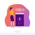 Vector flat personal online assistant illustration. Office girl with smartphone microphone dynamic icon, sound waves. Royalty Free Stock Photo