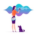 Vector flat personal online assistant illustration. Office girl with smartphone microphone dynamic icon, sound waves. Royalty Free Stock Photo