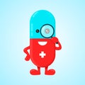 Vector flat pill character look in magnifier illustration. Isolated