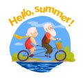 Vector flat portrait of old cute loving couple riding double bicycle.