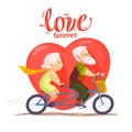 Vector flat portrait of old cute loving couple riding double bicycle.