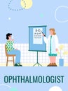 Vector flat poster of a patient being examined by an ophthalmologist.