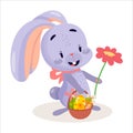 Vector flat rabbit with basket and flower. Royalty Free Stock Photo