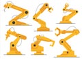 Vector flat robot arm welding at factory line set. Modern plant tech manipulator illustration.