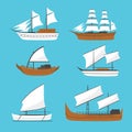 Vector flat sailing boat  ship icon  set. Old wooden ship with white sails. Phinisi ship  Barqque Sadov ship  Patorani ship Royalty Free Stock Photo