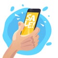 Vector flat sale banner with human hand holding smartphone.