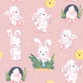 Vector flat seamless background with easter little baby bunny character & hand drawn decorative elements