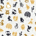 Vector flat seamless pattern with cute funny hand drawn birds silhouette isolated on white background. Royalty Free Stock Photo