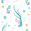 Vector flat seamless pattern of elements the underwater world. Illustration of deep tropical flora and fauna.