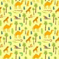 Vector flat seamless pattern with hand drawn desert animals, reptiles, cactus, palm trees isolated on yellow background. Royalty Free Stock Photo