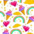 Vector flat seamless pattern with stars, rainbow, ice cream cone, magic cloud and heart Royalty Free Stock Photo