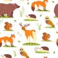 Vector flat seamless pattern with wild forest animals, birds and floral elements isolated on white background. Royalty Free Stock Photo