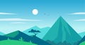 Vector flat seamless summer landscape illustration with mountains, sun, tree and blue clouded sky.