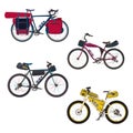 Vector flat set of bikepacking bikes with bikepacking gear