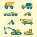 Vector flat set of construction vehicles icons. Road engineering images. Industrial machinery symbols. Royalty Free Stock Photo