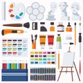 Vector flat set with fine artist stationery. Watercolor, tempera, easel, palette, color pencils, gypsum head and other accessories Royalty Free Stock Photo