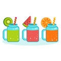 Vector flat set of fruit cocktails in glass jars. Collection of summer drinks. Fresh smoothies Royalty Free Stock Photo