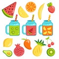 Vector flat set of fruit cocktails in glass jars and fruits. Collection of drinks and summer fruits and berries Royalty Free Stock Photo