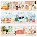 Vector flat set of home and office interior - Living room interior, kitchen, office work place, Comfortable sofa, TV Royalty Free Stock Photo