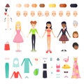 Vector flat set illustration of figure pretty girl. Character constructor of woman with different skin color, hair and