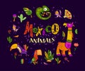 Vector flat set of mexico traditional elements, symbols & animal characters in flat hand drawn style isolated on dark background.