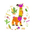 Vector flat set of mexico traditional elements, symbols & lama animal character in flat hand drawn style isolated on white backgro