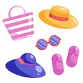 Vector flat set of summer elements. Collection of cute summer symbols. Hat, sunglasses, slates, beach bag