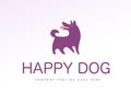 Vector flat simple logo with happy dog silhouette icon stand isolated on white background.