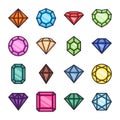 Vector Flat Simple Minimalistic Gemstone Icons Set. Diamond, Crystal, Rhinestones Closeup Isolated. Jewerly Concept