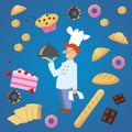 Vector flat smiling baker with a flying bakery products