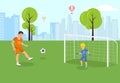 Vector Flat Soccer Son Stands Gate and Catch. Royalty Free Stock Photo