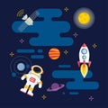 Vector flat space illustration: planets, spacesip, satellite, astranaut Royalty Free Stock Photo