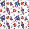 Vector flat space seamless pattern background. Cute color template with astronaut, spaceship, rocket, moon, methiorite Royalty Free Stock Photo