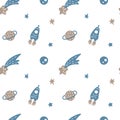 Vector flat space seamless pattern background. Cute color template with Astronaut, Spaceship, Rocket, Moon, Stars in Royalty Free Stock Photo