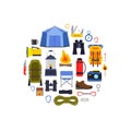 Vector flat style camping elements gathered in circle illustration Royalty Free Stock Photo