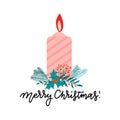 Vector flat style coloor Christmas flaming candle with Christmas tree branches, holly berry and berries. Christmas Royalty Free Stock Photo