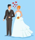 Vector flat style of couple in love. Marriage ceremony day. Man in suit and woman in wedding dress standing and holding Royalty Free Stock Photo